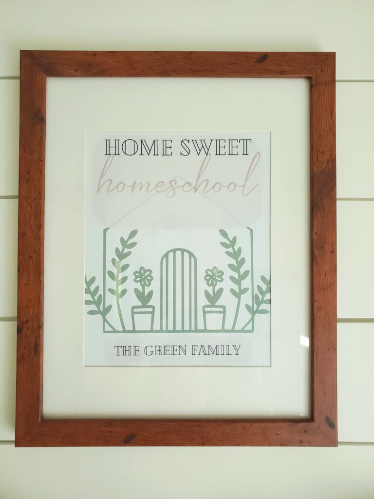Home Sweet Homeschool framed picture with shiplap wall background