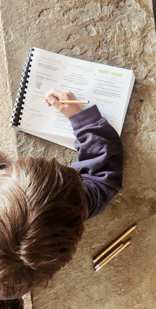 Child homeschooling stone background