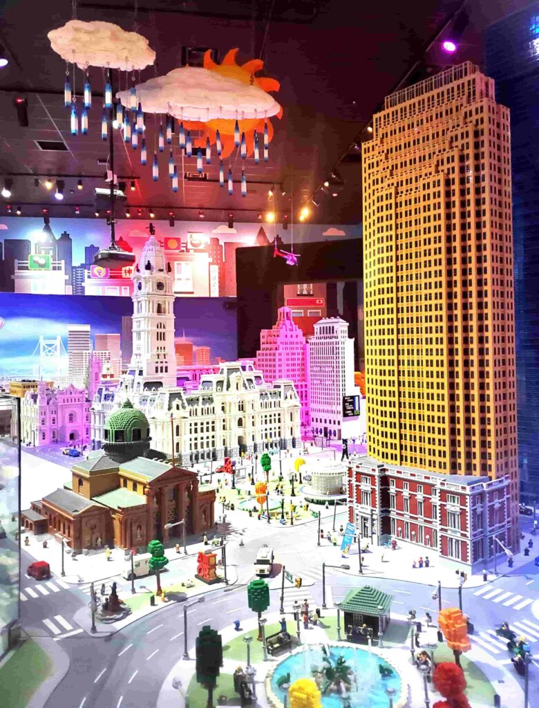 legoland city display skyscraper and streets buildings weather